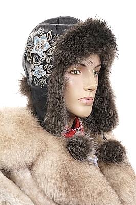 Фото товара Ушанка UWKKME001.005 енот кожа, Серо-коричневый/Синий