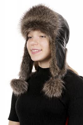 Фото товара Ушанка UWKKME001.003 енот кожа, Бежево-коричневый/Черный